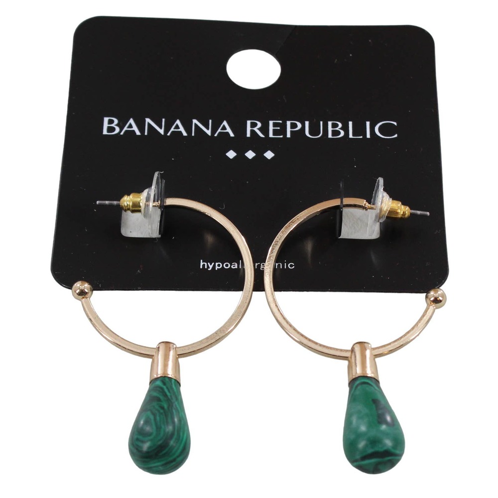 Banana Republic Gold Hoop Earrings with Green Malachite Teardrop #BRE13
